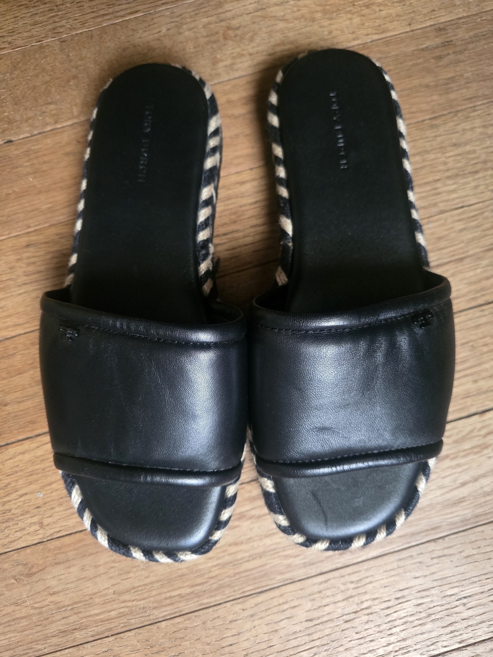 Tory Burch Black Leather Slide Sandals with Rope-Trim